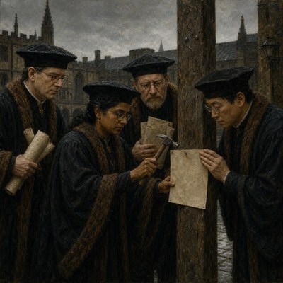 Four scholars in fur-trimmed robes and flat caps, spectacles and scrolls, nailing a written page to a wooden post in poor weather