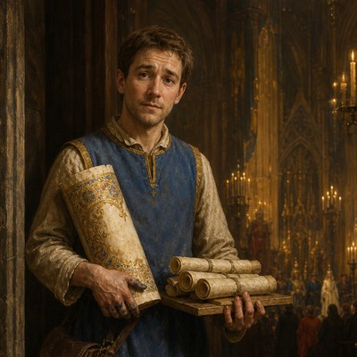 The Page, the fabled intern: a weary thirty-something man in a blue and gold tabard holding an illuminated scroll and a tray of sealed scrolls, satchel and packed lunch at his hip, as a candlelit ceremony proceeds behind him