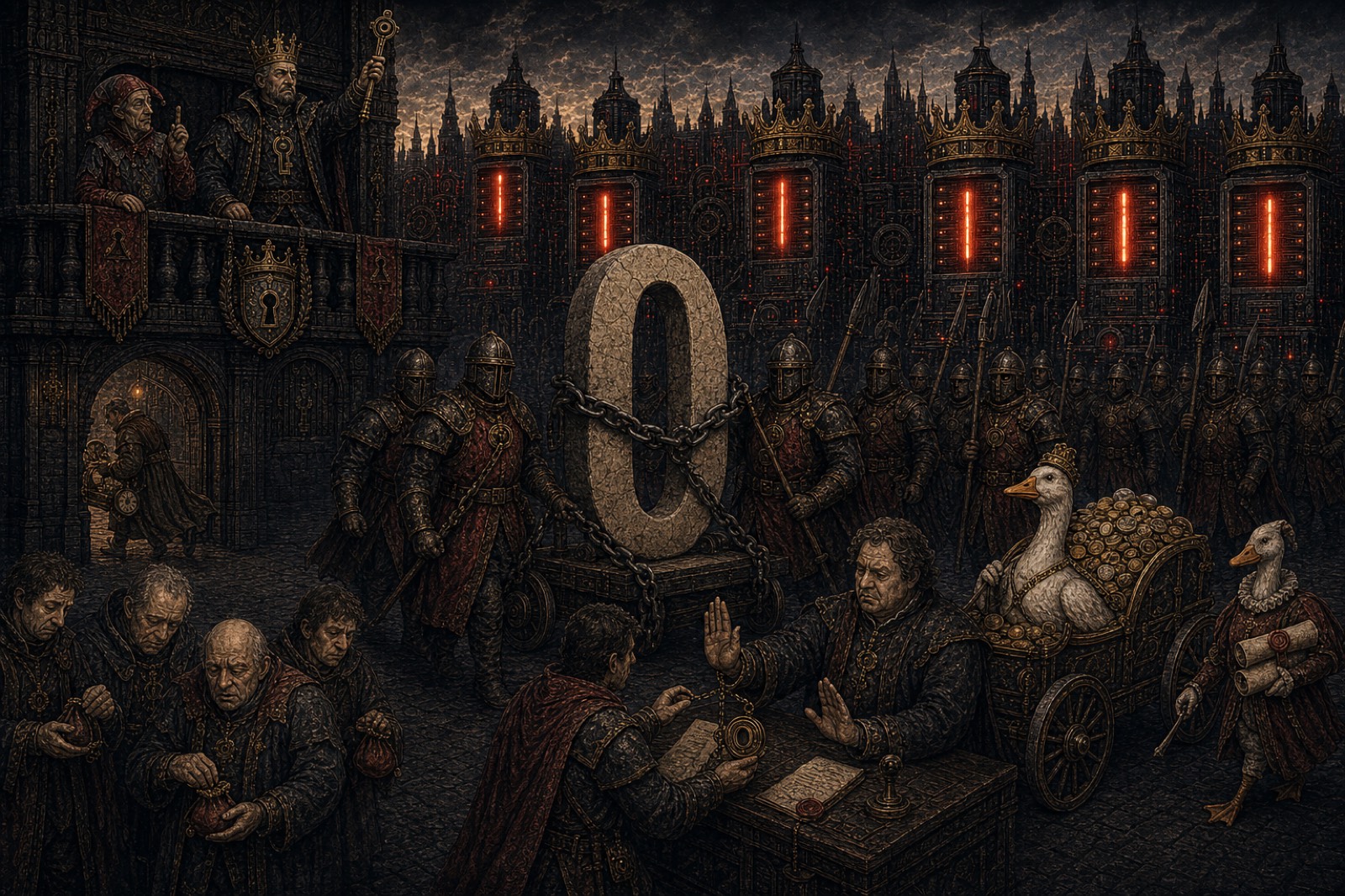The exile of the number zero from the kingdom of cybersecurity: a great stone zero wrapped in chains is marched to the border by armoured guards, the King pronounces from his balcony, the ledger boards behind burn with nothing but ones, and the goose millionaire attends in her gold cart with counsel