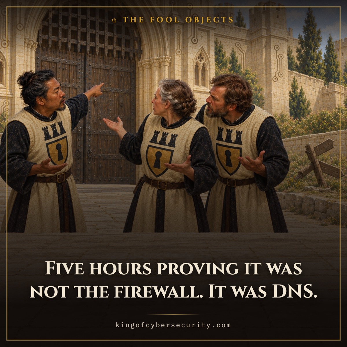 DNS meme: three heralds accusing a castle gate while a fallen signpost lies unnoticed behind them. Caption: Five hours proving it was not the firewall. It was DNS.