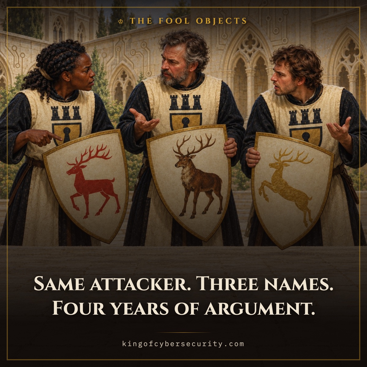 Threat actor meme: three heralds arguing over shields showing the same stag painted three different ways. Caption: Same attacker. Three names. Four years of argument.
