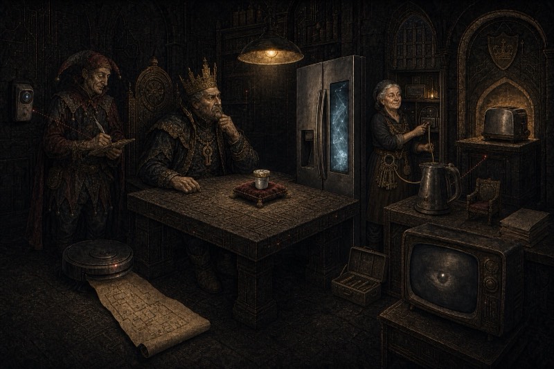 The midnight inquiry: the King and the Court Fool question a towering smart fridge while the robot vacuum waits with its map and the toaster watches from a pedestal