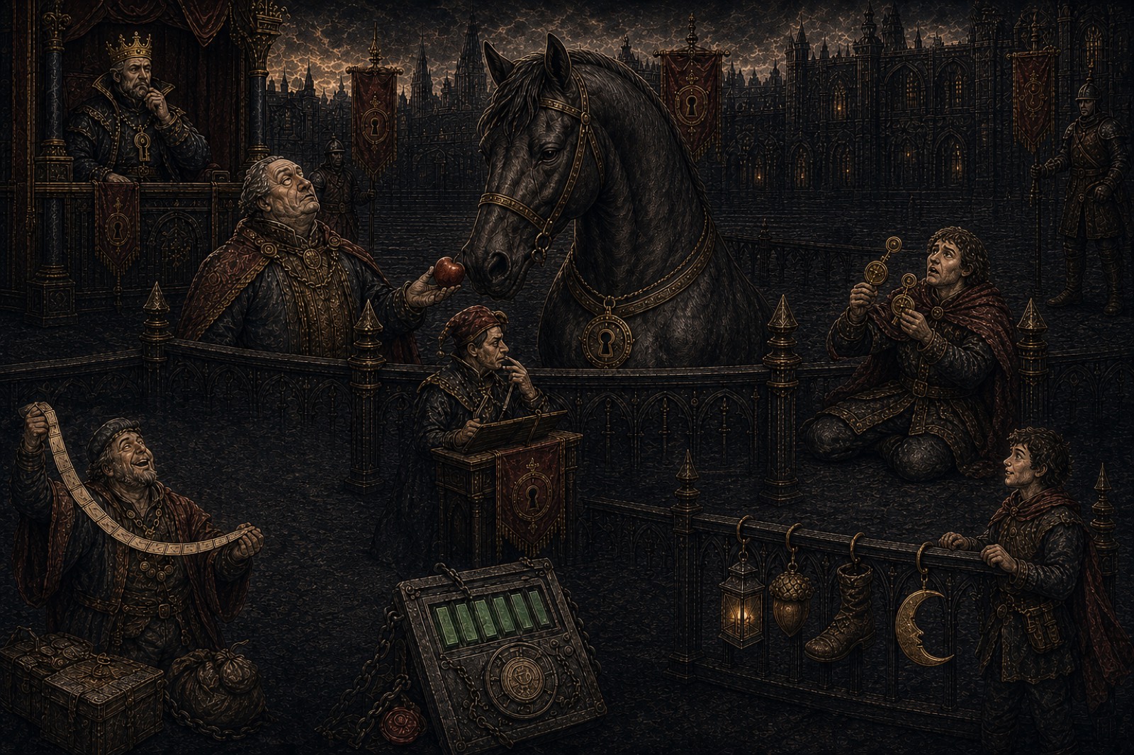 Staple the security horse presides over his password tribunal at the paddock fence, wearing his keyhole medallion, while the Chancellor appeals with an apple, the clerk whispers a submission, supplicants queue, the disgraced old password strength meter lies on the ground, and the stable lad's four random words hang from the rail as a lantern, a boot and a moon