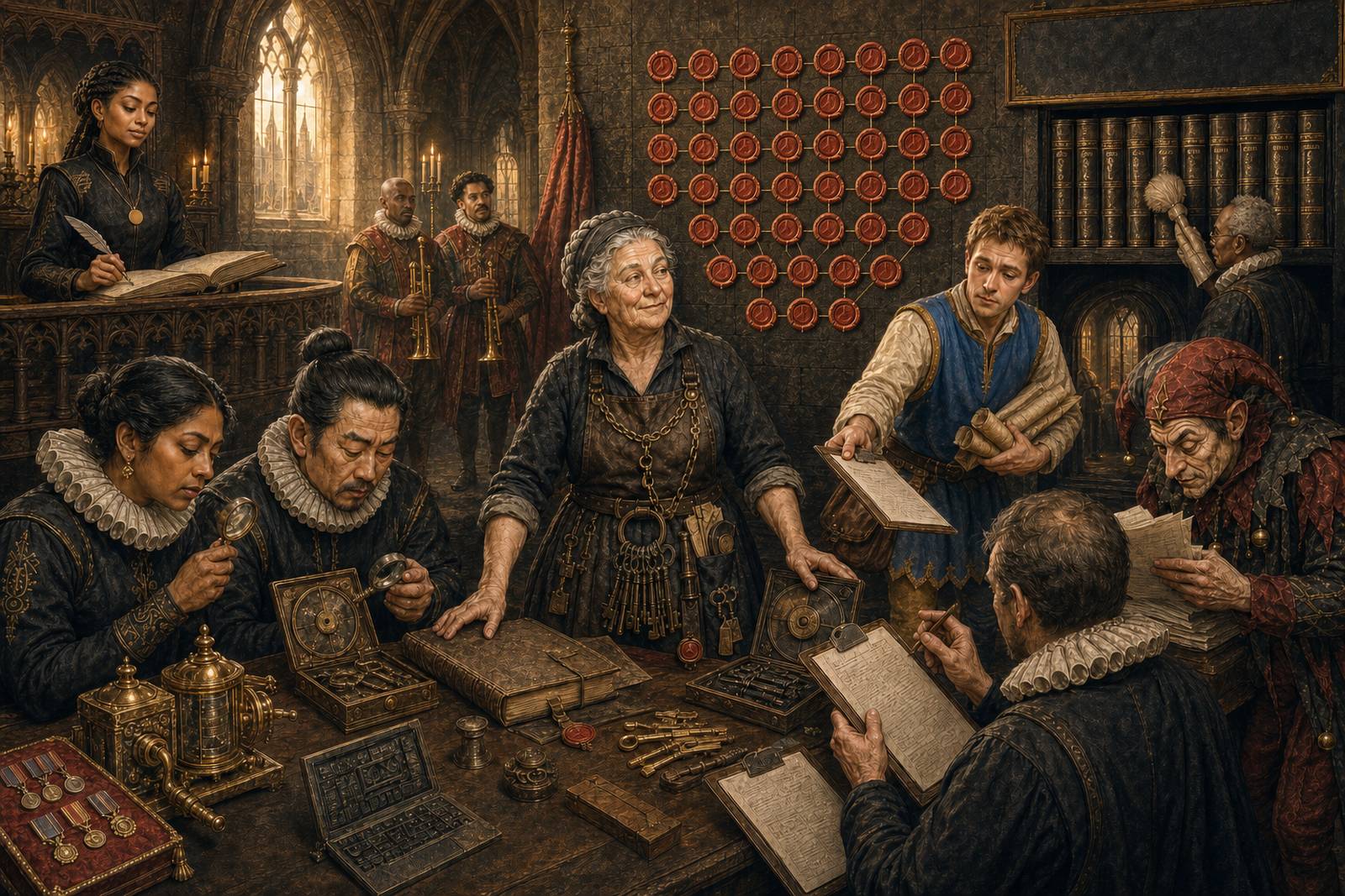 The Grand Audit at the court of the King of Cybersecurity: Dame Maud stands at the evidence table with her great ring of keys, before a wall of forty-one red wax seals, while three ruffed auditors examine instruments and clipboards through magnifying glasses; the Apprentice writes at a raised desk behind her, the Page carries scrolls and holds out a clipboard, the Court Fool reads papers at the right, two trumpeters wait in the background and the librarian dusts the shelved volumes