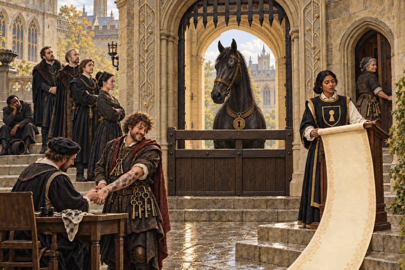 The castle gate during the Month of Difficulty: a black horse penned behind an oak barrier in the archway, a queue of courtiers waiting on the steps, a herald reading from an enormous scroll, the Squire having a password inked onto his forearm, and the Chatelaine leaving by a side door