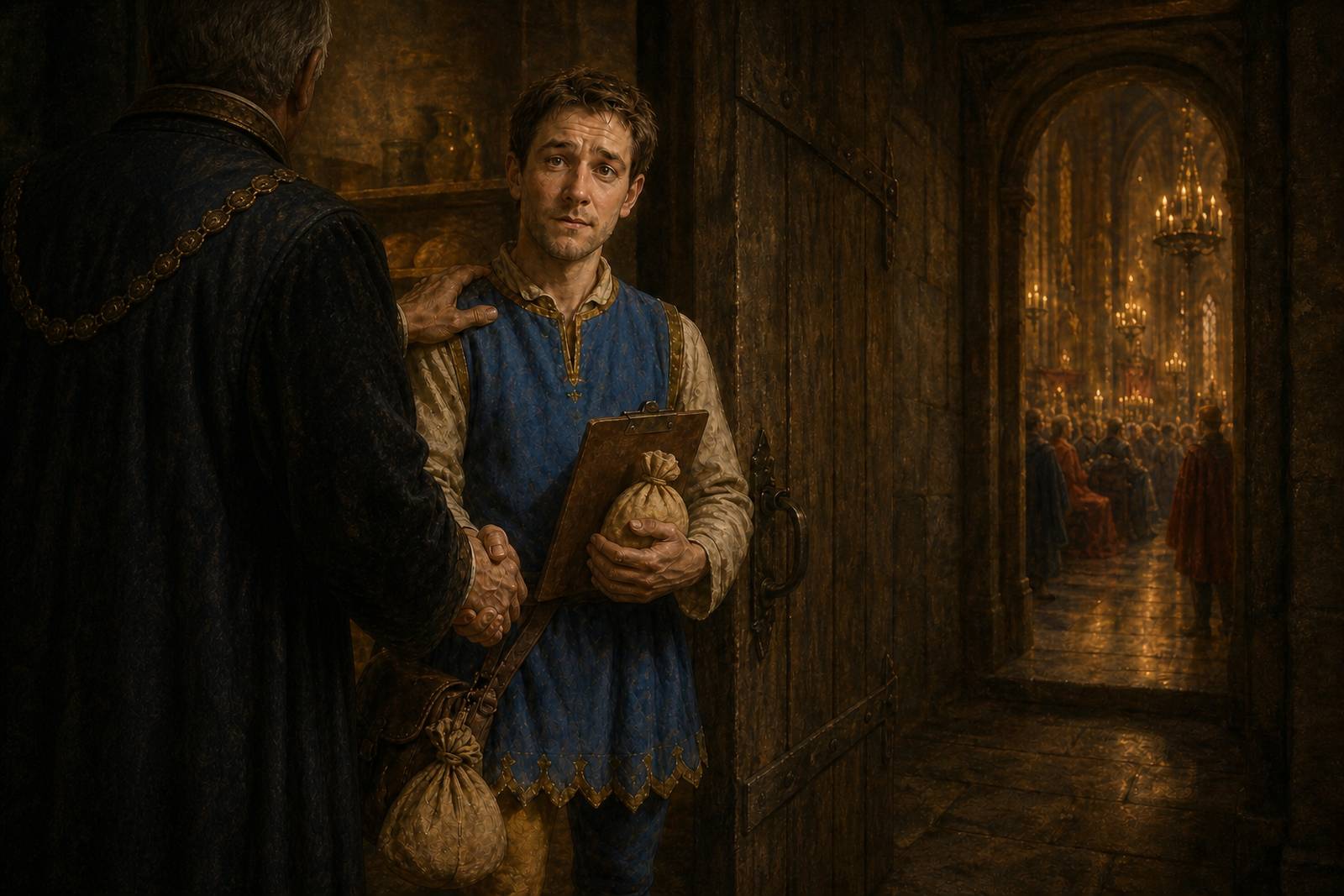 The Page's annual appointment behind the buttery door: the Chancellor, seen from behind in his chain of office, rests a hand on the shoulder of a weary thirty-something page holding a clipboard and a packed lunch, while the council chamber waits lit beyond the door