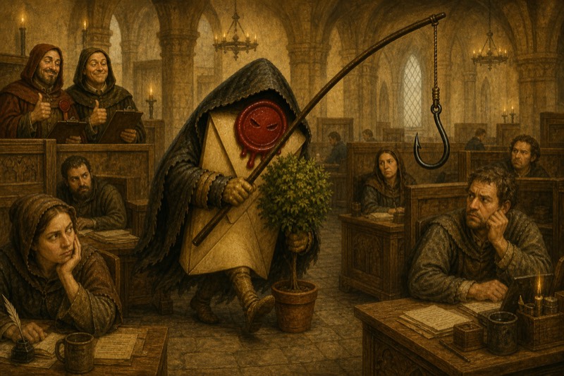 The phishing simulation walks the scriptorium disguised as a potted bush while the court fails to notice and two of the learned score vigilance with clipboards