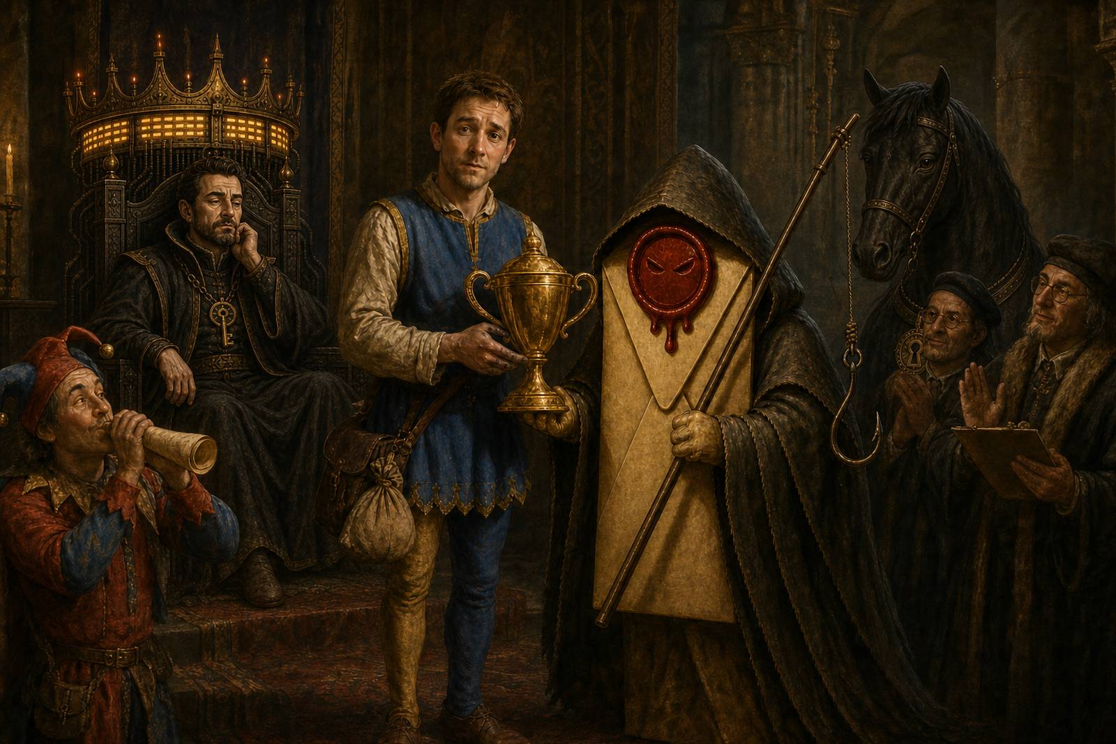 The prize-giving of the Great Drill: the Page holds a golden trophy beside the winning entry, a hooded envelope rogue with a red wax seal and a fishing rod, while the King watches from his throne with his head on his hand, the Court Fool blows a rolled scroll in place of the unpaid trumpets, Staple the horse looks on, and two of the learned applaud